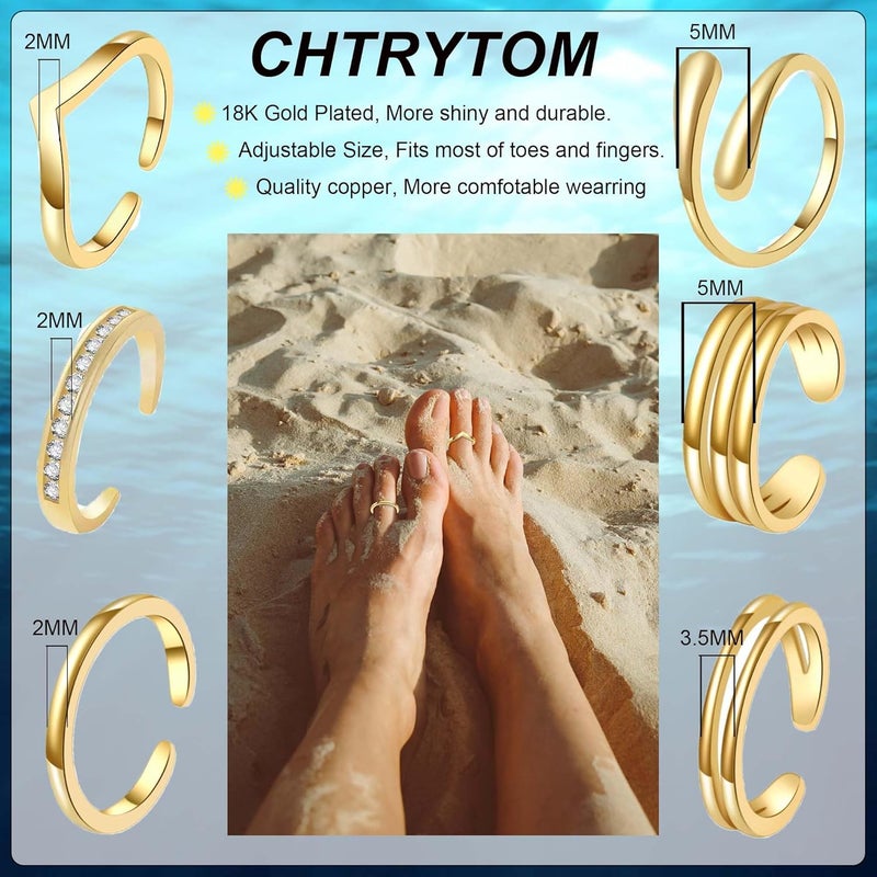 CHTRYTOM 6PCS Toe Rings for Women 18K Gold Silver Toe Ring Set Adjustable Non Tarnish Band Simple Beach Foot Jewelry for Summer - Image 3